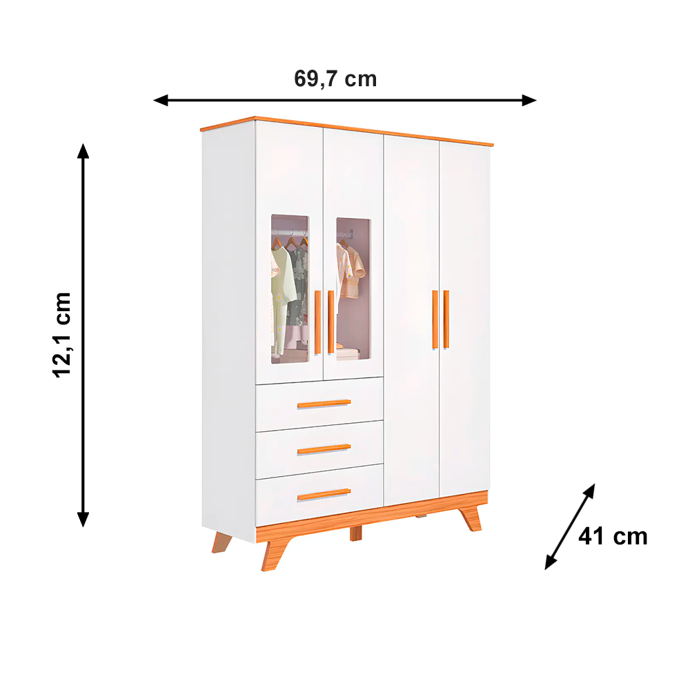 Armario 4P Guti Retro Lisa Branco Brilho/Amendoa Peroba