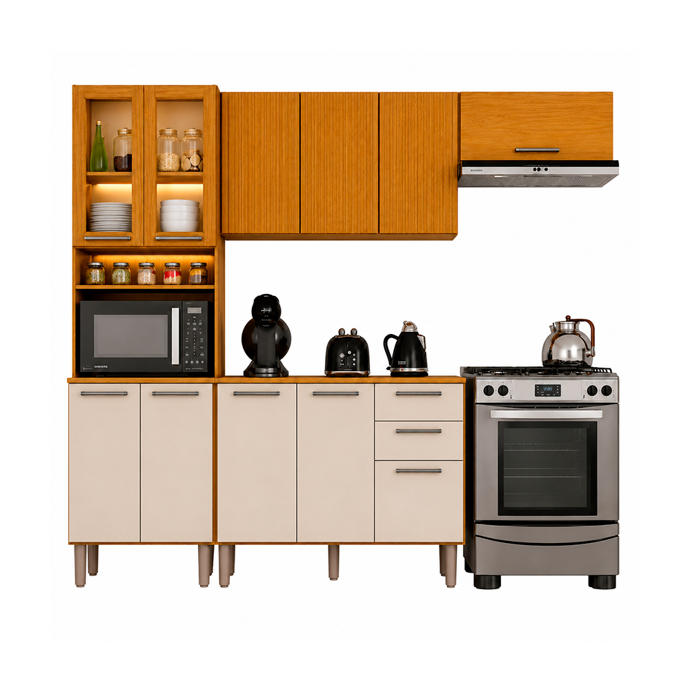 Cozinha Malta 4 Peças Cristaleira com Led Cinamomo Off White Acetinado Chf Moveis