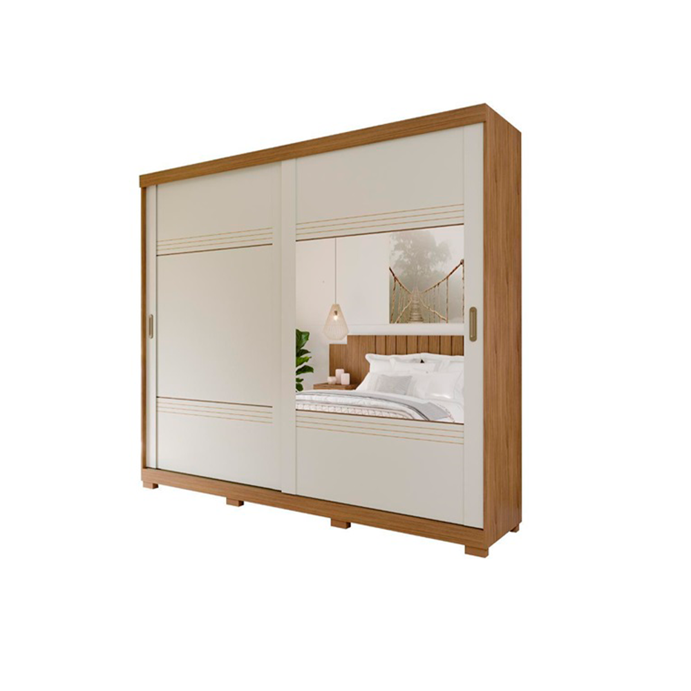 Roupeiro 2 Portas Blumenau Slide com 2 Kits 2 Espelhos e Kit 8 Pés Retangular Menor Avelã/Off White Panan