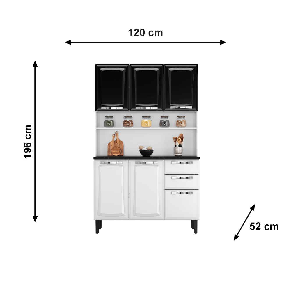 Armário kit de Cozinha Compacta Branco/Preto 120 em Aço 6 Portas 2 Gavetas Pratika Itatiaia