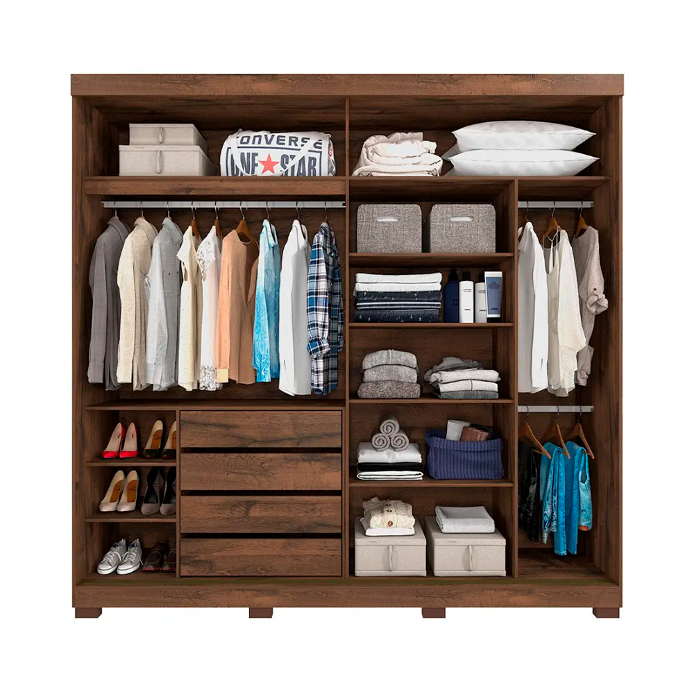 Roupeiro 2 Portas Blumenau Slide com Kit 2 Espelho e Kit 8 Pés Retangular Menor Café Panan