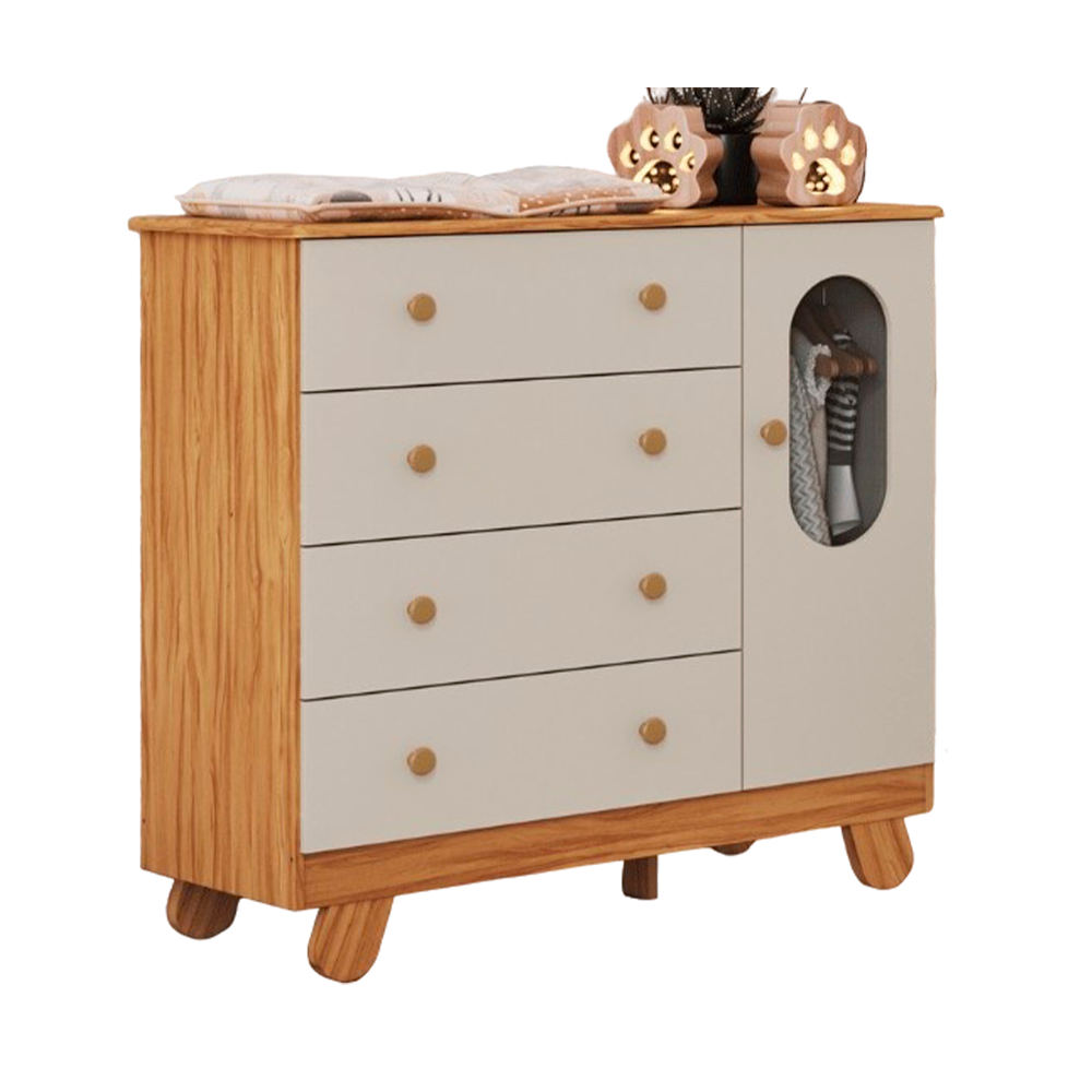 Comoda 1P Pingo Janela Amendoa/Branco Brilho Peroba