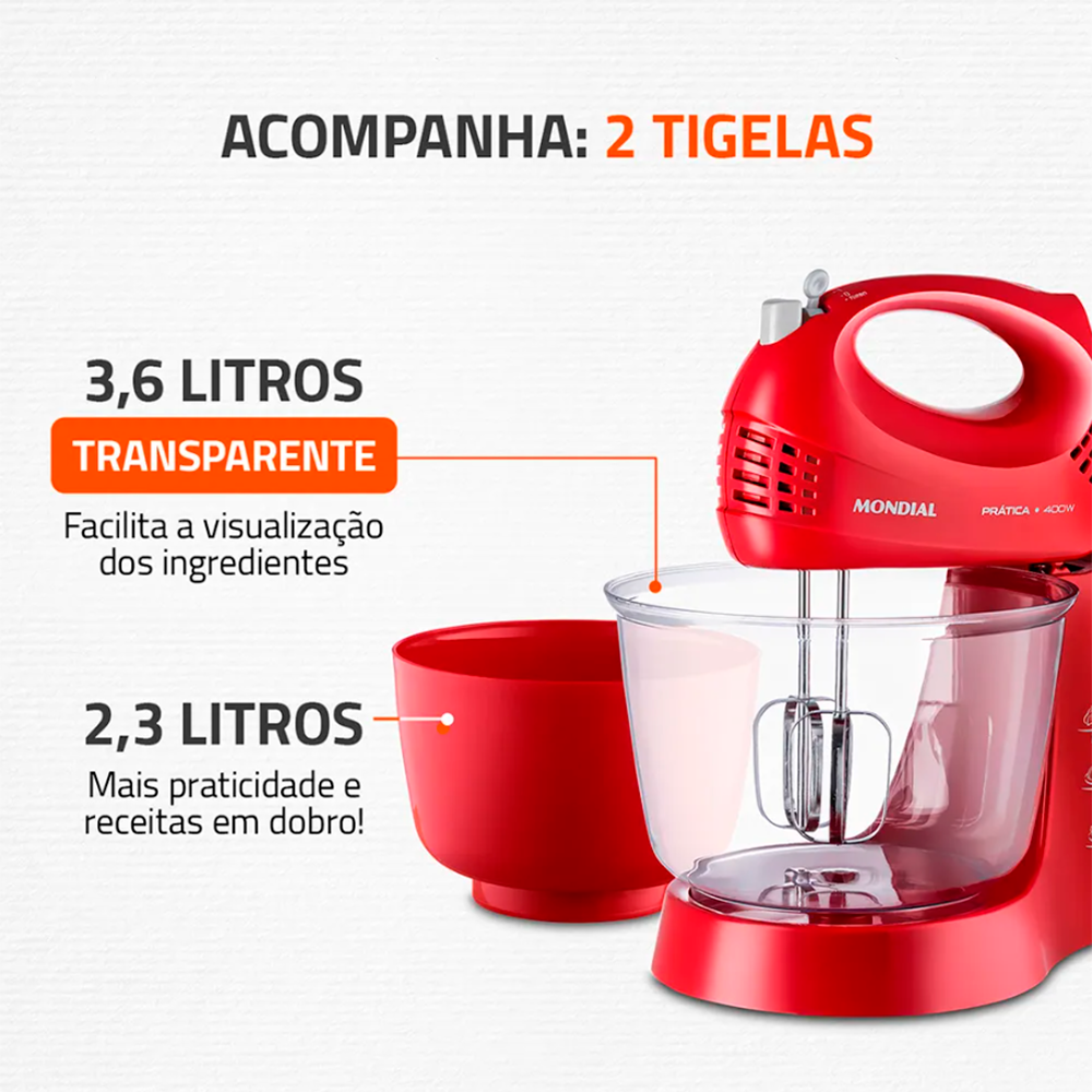 Batedeira 3V B-45 2 Tigelas 400W Vermelho/Inox Mondial