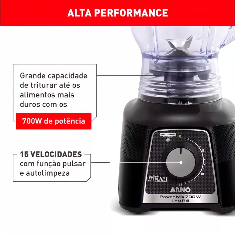 Liquidificador LQ33 15V Power Mix Limpa Fácil LN2968B2 700W Preto Arno