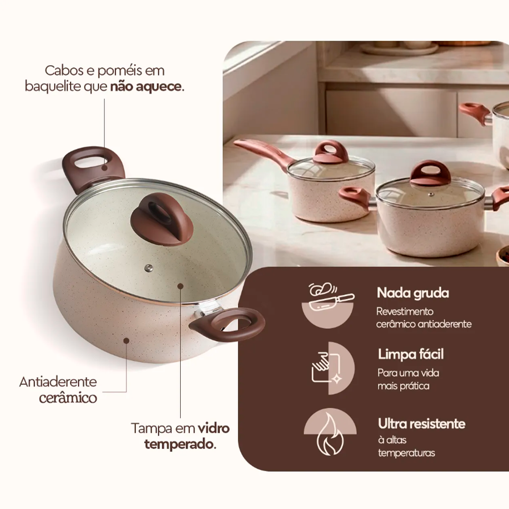 Jogo Panelas 5 Peças Smart Plus Antiaderente Vanilla Brinox 