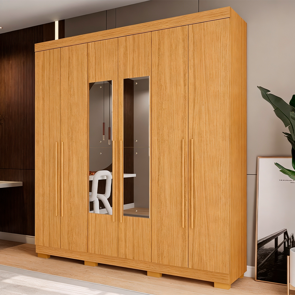 Roupeiro Agata 6 Portas MDP com Espelho Cinamomo ACP Moveis