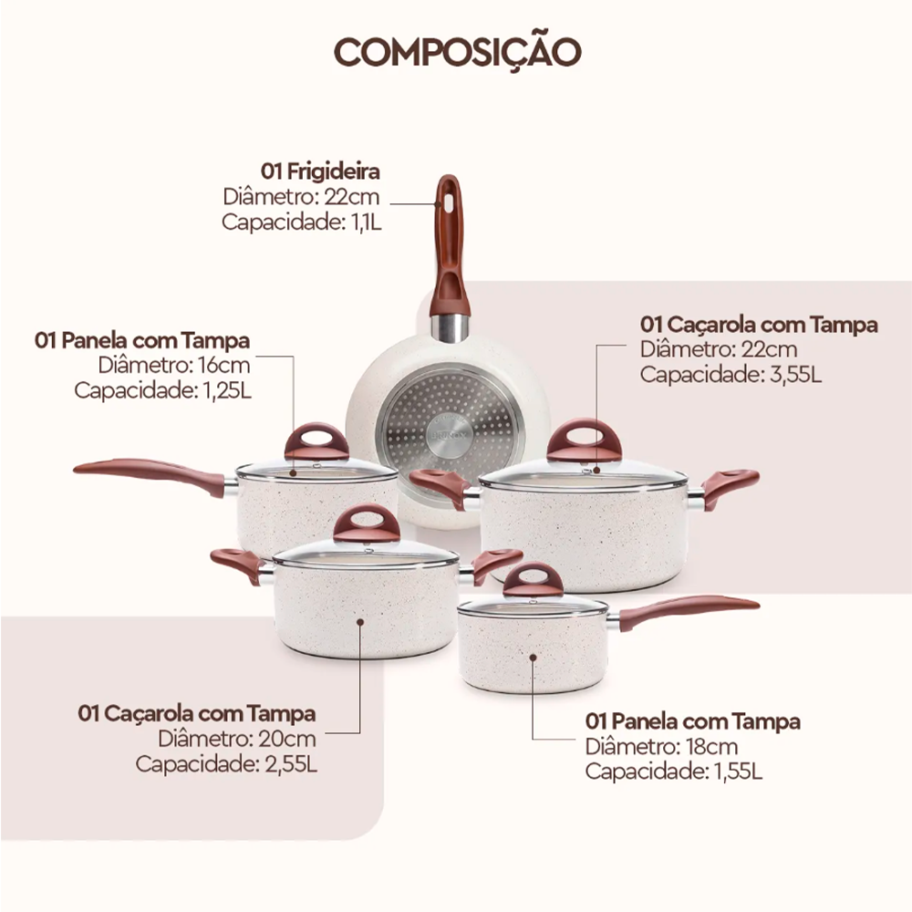 Jogo Panelas 5 Peças Smart Plus Antiaderente Vanilla Brinox 