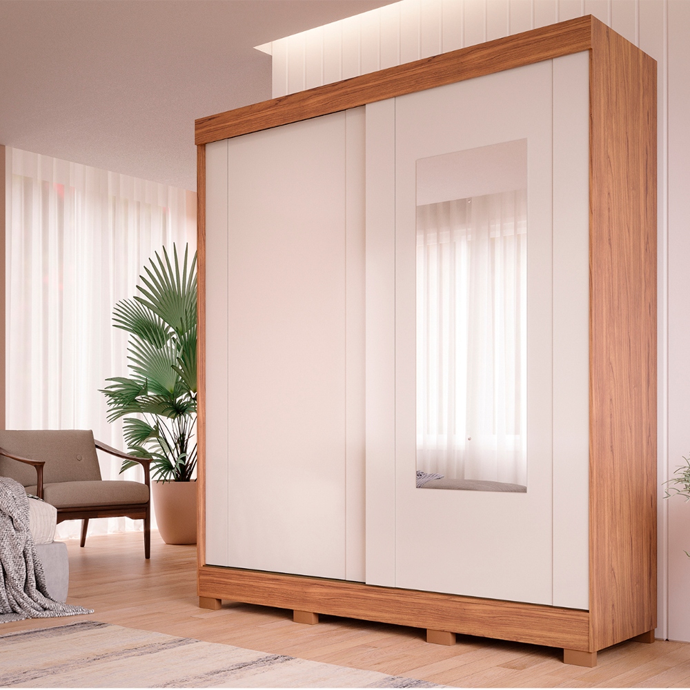 Roupeiro Ilheus 2 Portas Slide com Espelho Cinamomo/Off White Panan