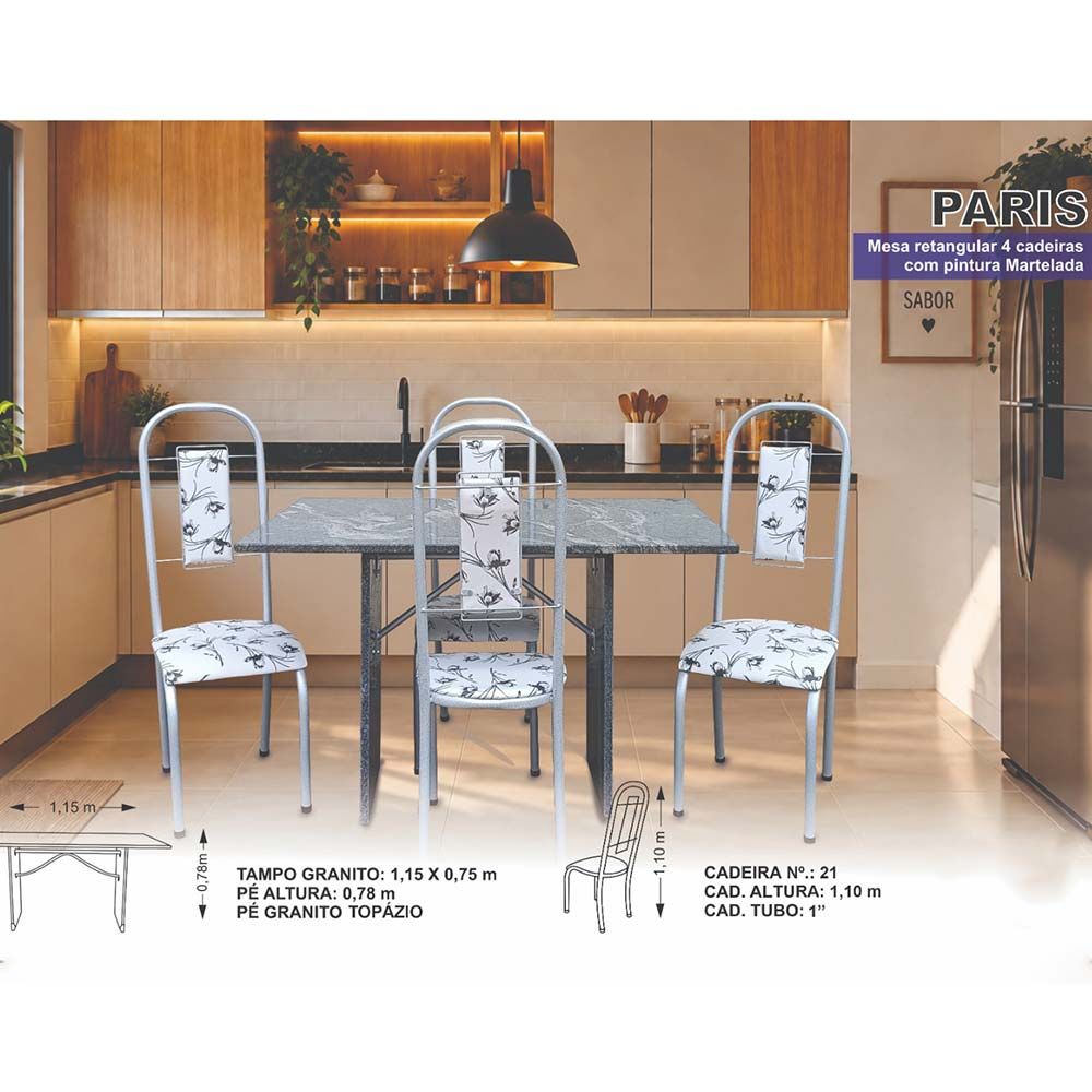 Mesa 4 Cadeiras Paris N39 Granito Luxo Aço Coelho
