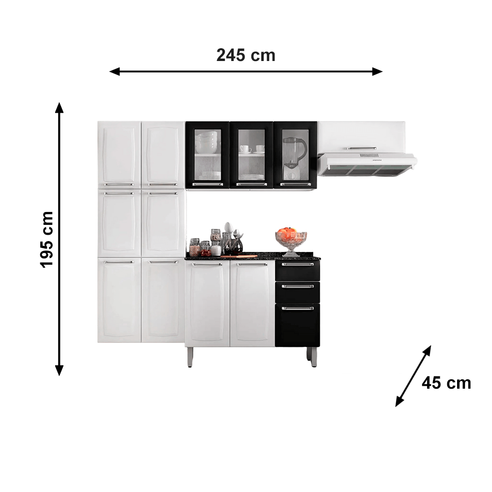Cozinha Completa Branca e Preta em Aço 4 Peças Luce com 3 Vidros Itatiaia
