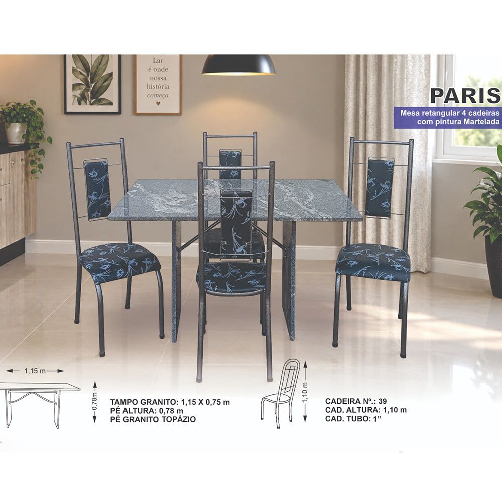 Mesa 4 Cadeiras Paris N39 Granito Luxo Aço Coelho