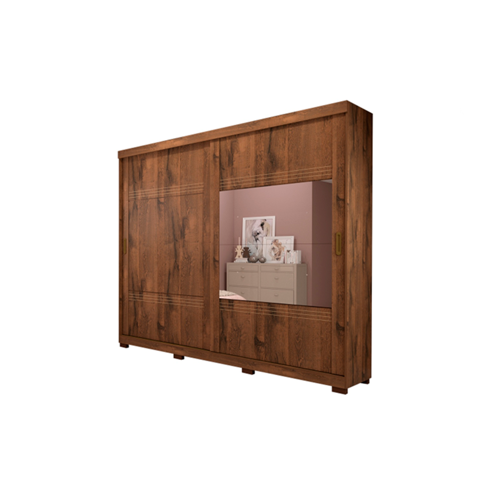 Roupeiro 2 Portas Blumenau Slide com Kit 2 Espelho e Kit 8 Pés Retangular Menor Café Panan