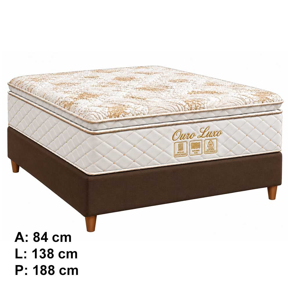 Conjunto Box Casal Ouro Luxo com Pillow Top e Molas Ensacadas 138x188 Softflex