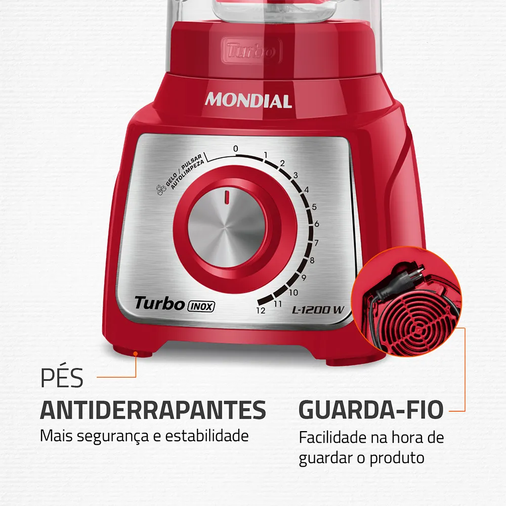 Liquidificador 12V Turbo L-1200 Vermelho/Inox Mondial