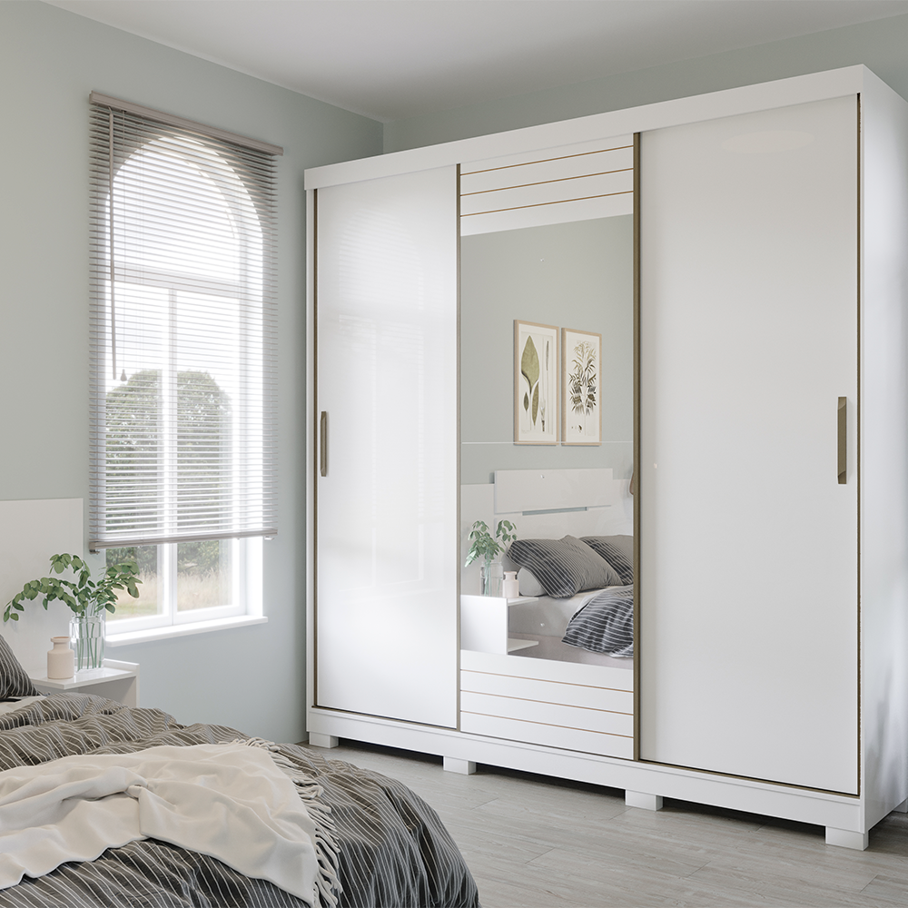 Roupeiro 3P Buzios Slide Glass Branco Panan