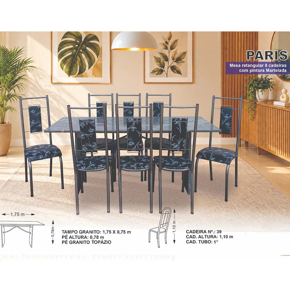 Mesa 8 Cadeiras Paris N39 Granito Luxo Aço Coelho
