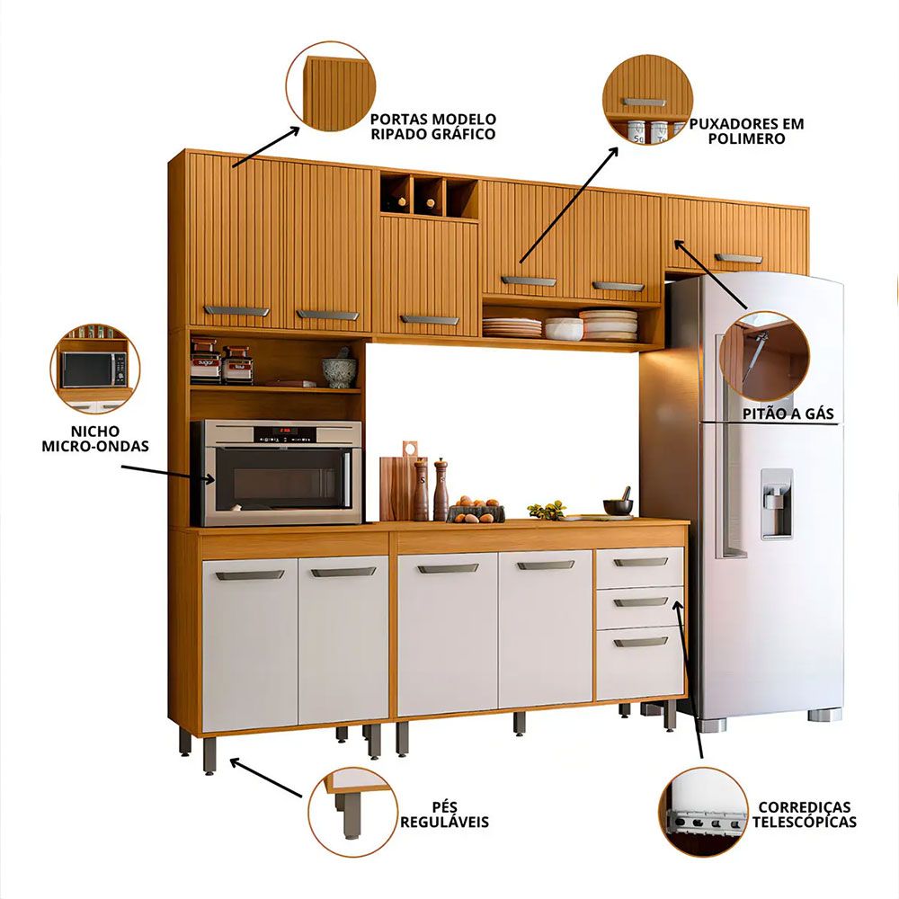 Cozinha 4 Peças Malta com Tampo Freijó/Ripado/Off Acetinado Poliman