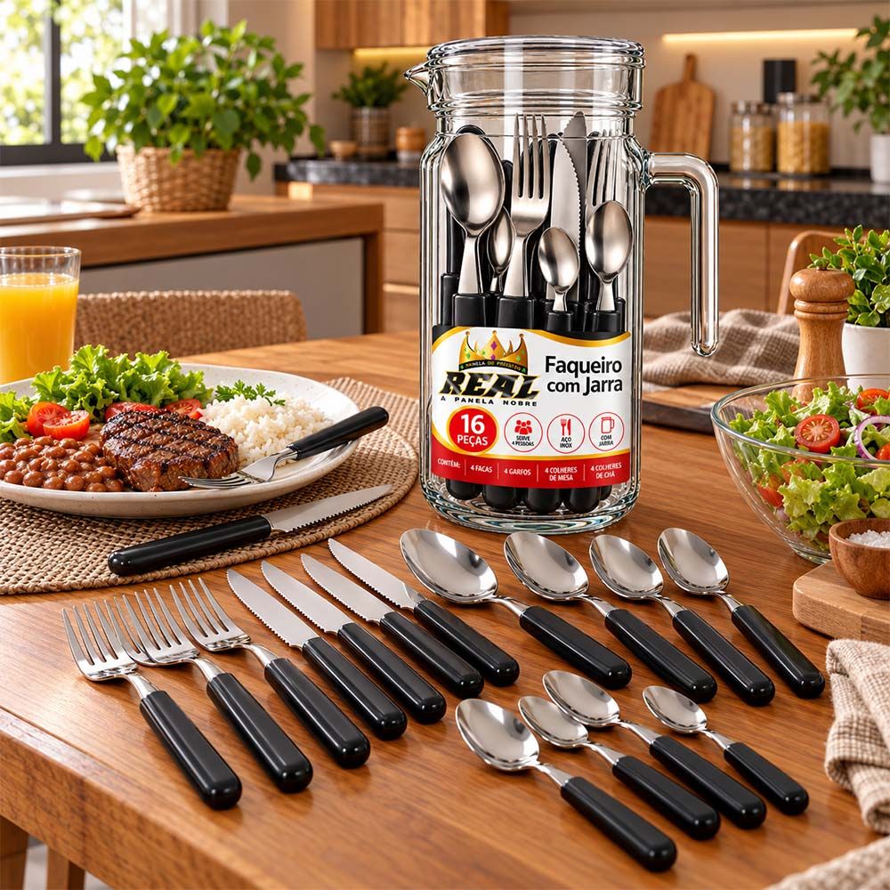 FAQUEIRO COM JARRA 16PÇS FLORENZA PRETO REAL