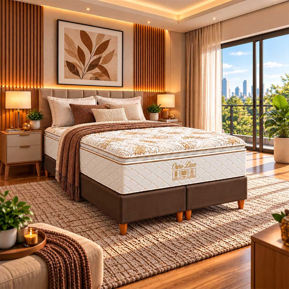 Conjunto Box Queen Ouro Luxo com Pillow Top e Molas Ensacadas 158x198 Softflex