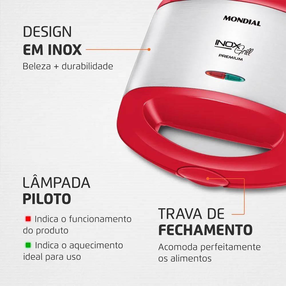 Sanduicheira S-19 800W Vermelho/Inox Mondial