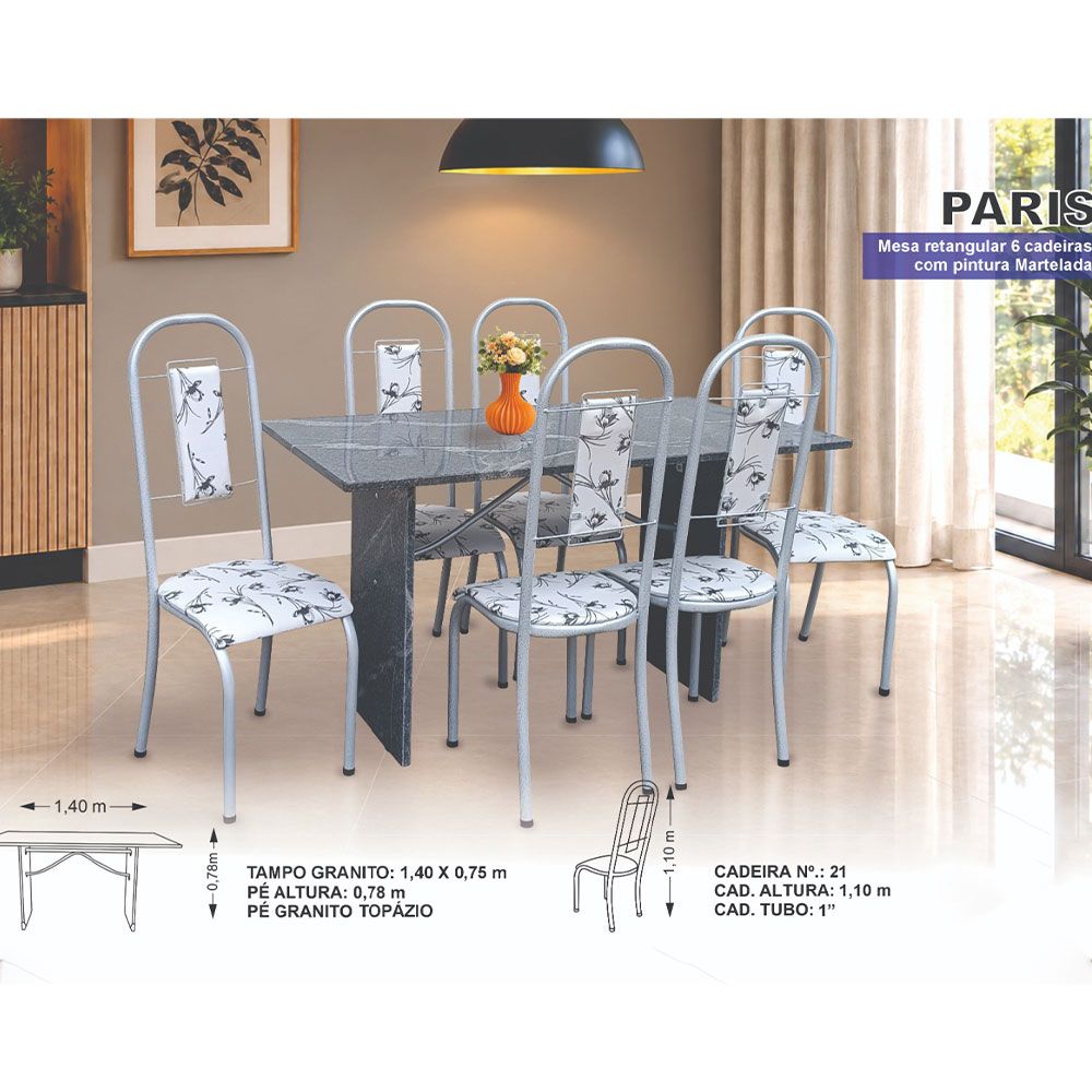 Mesa 6 Cadeiras Paris N39 Granito Luxo Aço Coelho