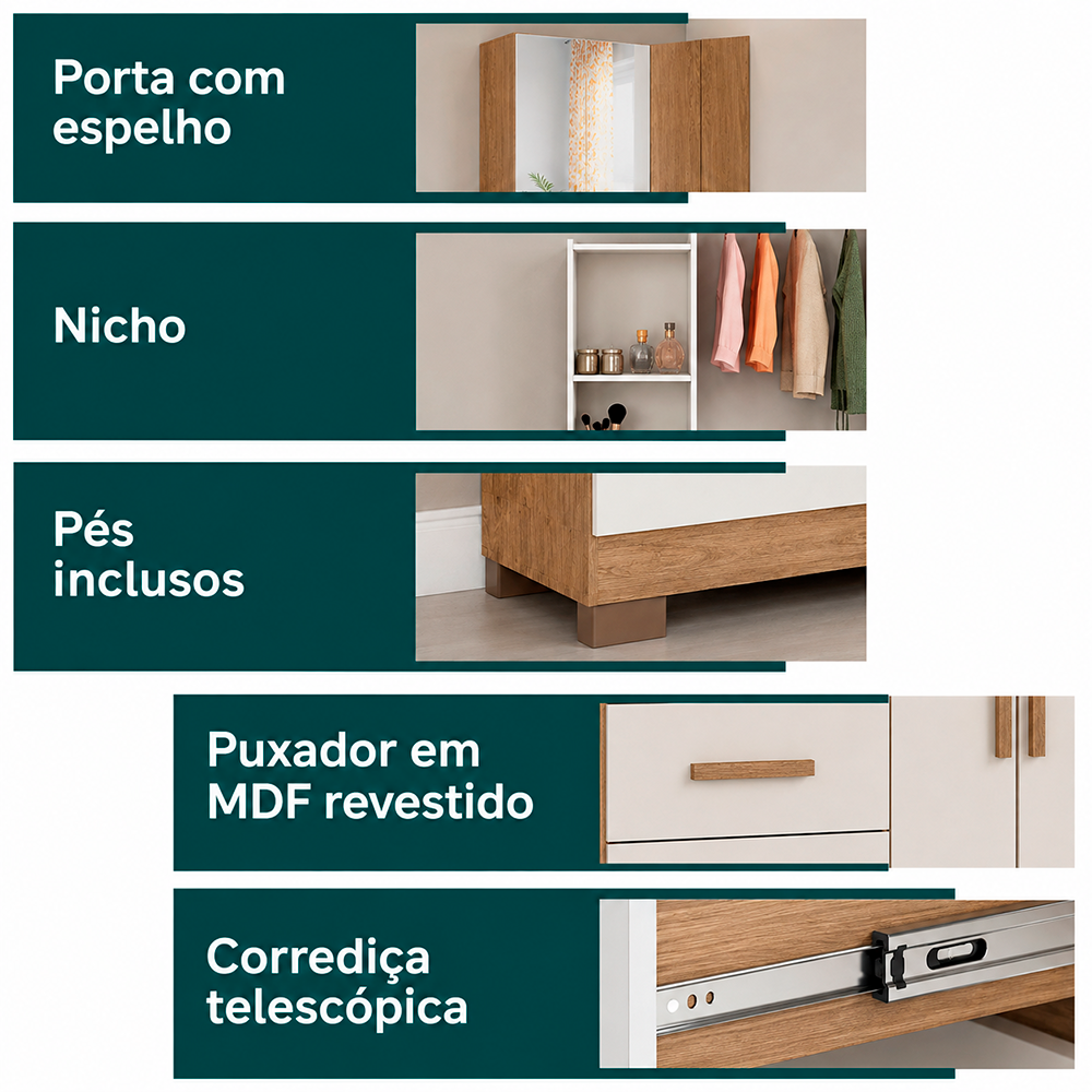 Comoda Palmas com Pés com Espelho Josan