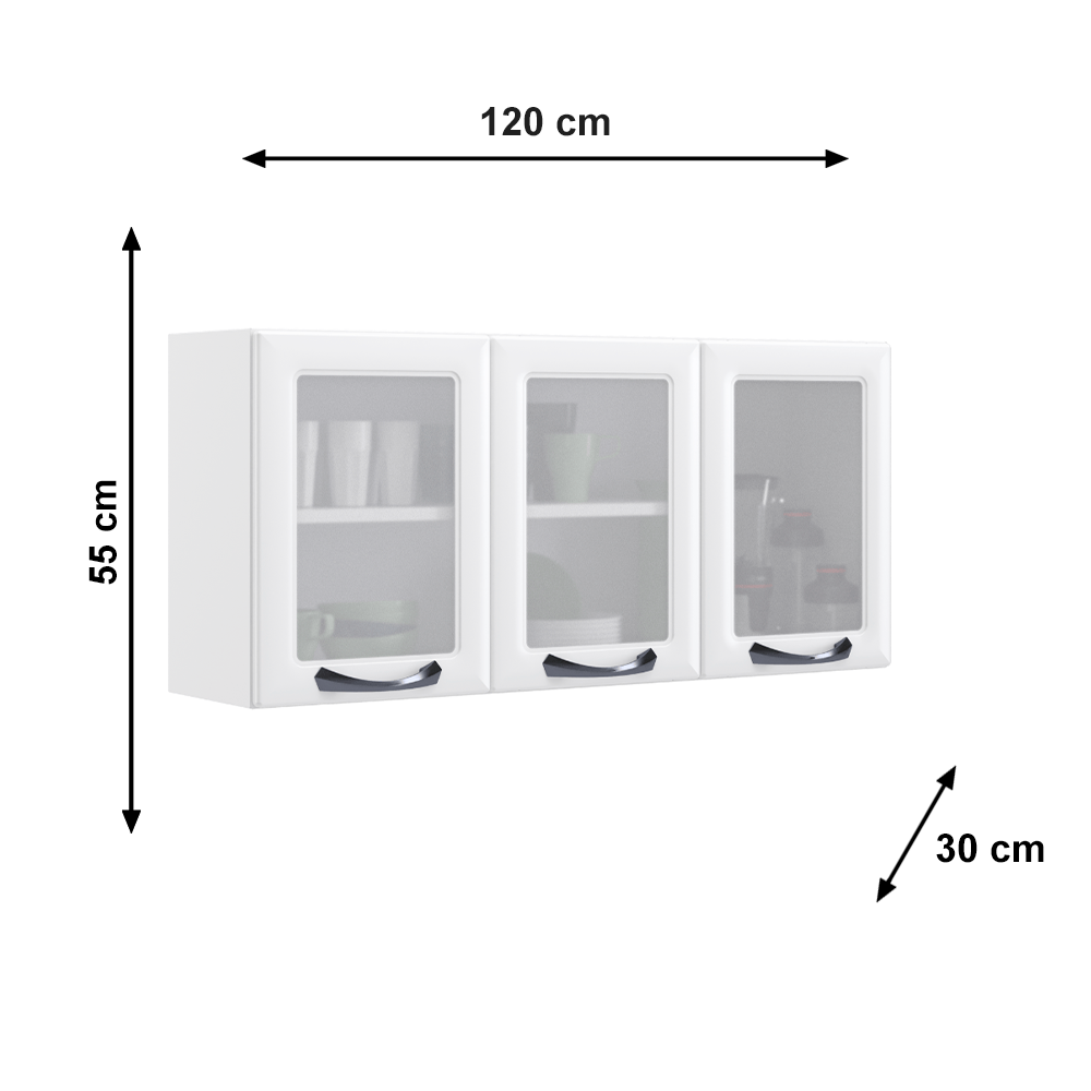 Armário Aéreo de Cozinha Branco 3 Portas com Vidro New Premium Itatiaia