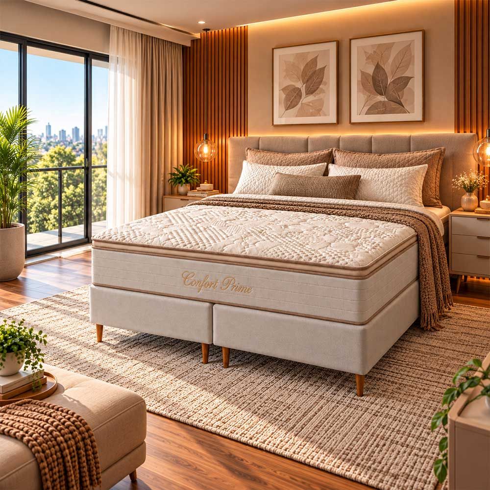 Conjunto Box Queen Confort Prime com Pillow Top e Molas Ensacadas 158x198 Softflex