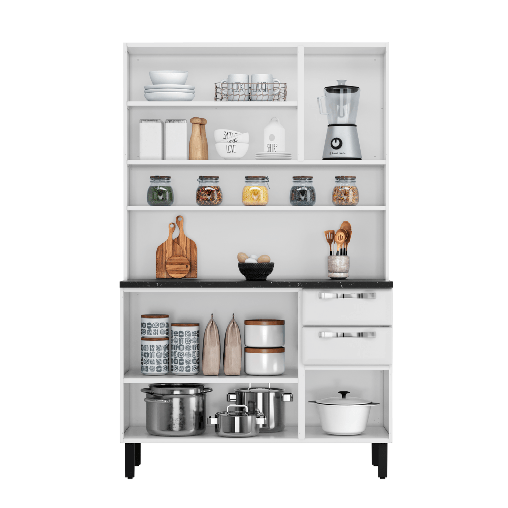 Armário kit de Cozinha Compacta Branco/Preto 120 em Aço 6 Portas 2 Gavetas Pratika Itatiaia