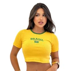 Blusinha Cropped Canelada Feminina Brasil Torcida Copa Top amarela