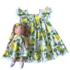 Kit Vestido com Boneca Bebê 100% Algodão - Limão