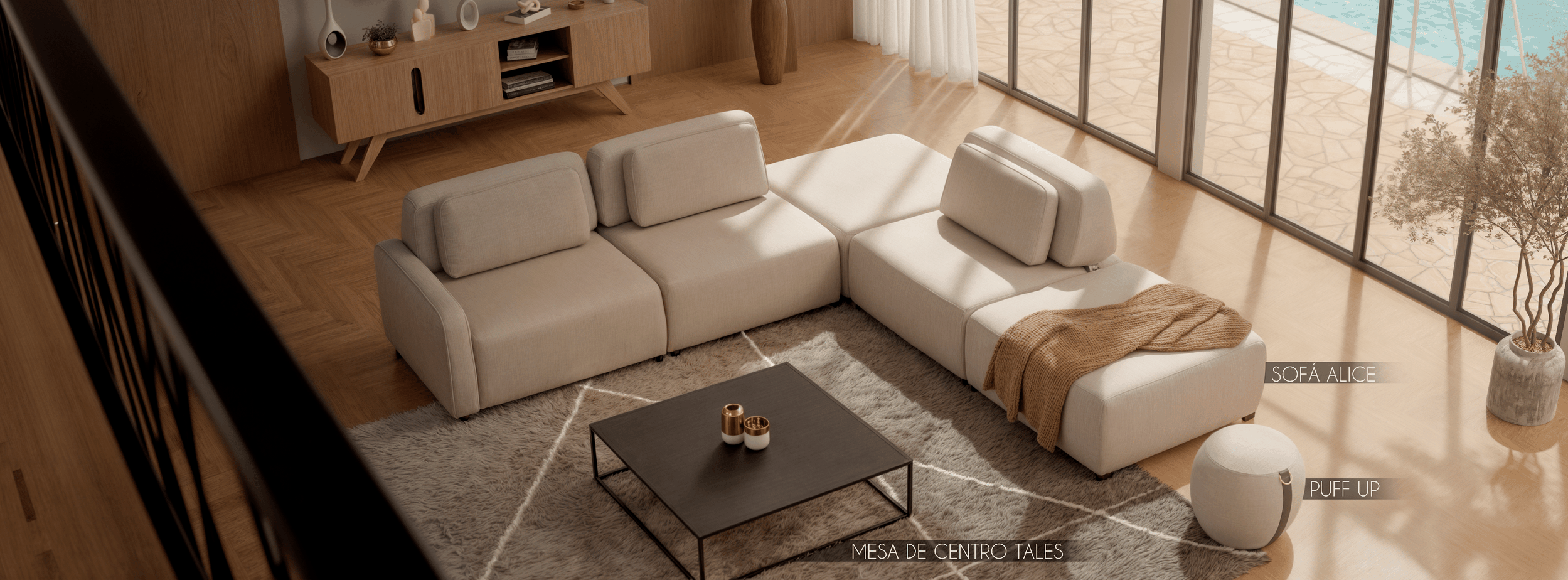 Sofá moderno em tonalidade clara, montado em uma sala iluminada, com mesa de centro e decoração minimalista.