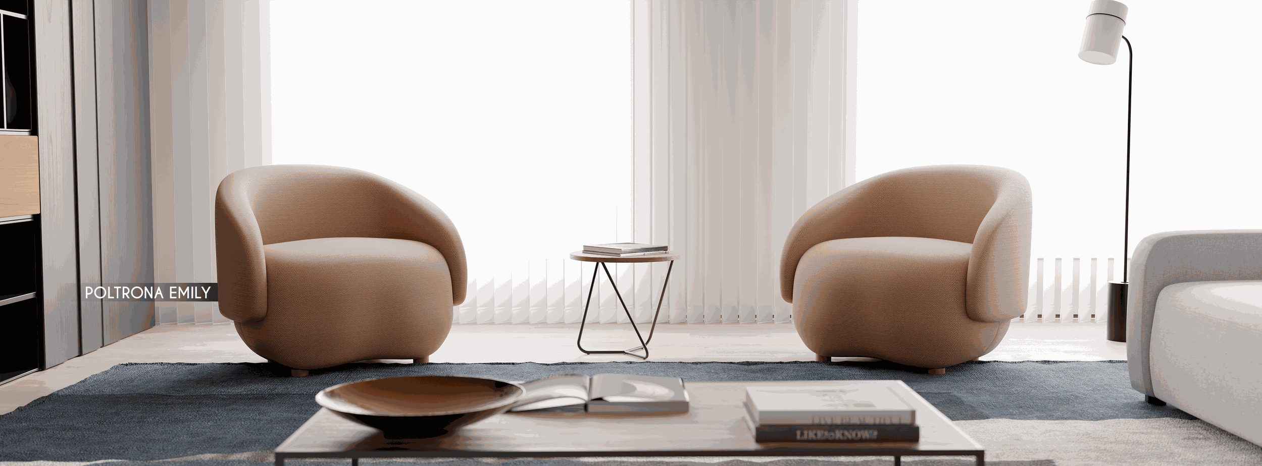 Poltronas Emily em ambiente moderno, destacando seu design contemporâneo e conforto. Ideal para salas de estar elegantes.