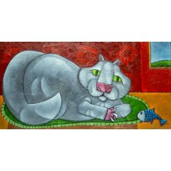 Clayton Silva - Gato Branco com Peixe - Óleo sobre tela - 30x60cm - a.n.v - 2018