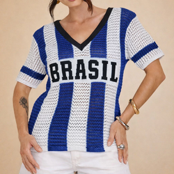 Camisa Tricot Brasil Tecido Vazado Decote V Malhado Look Brasil Copa Azul e Branco