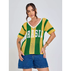 Camisa Tricot Brasil Tecido Vazado Decote V Malhado Look Brasil Copa Verde e Amarelo