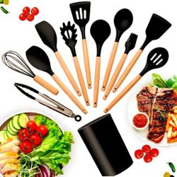 Kit 12 Pçs Utensílios Cozinha Silicone Antiaderente Madeira Cor Preto