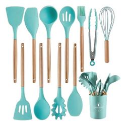 Kit 12 Pçs Utensílios Cozinha Silicone Antiaderente Madeira Cor Verde