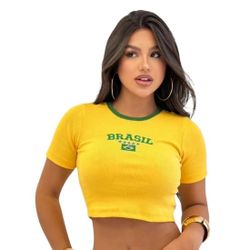Blusinha Cropped Canelada Feminina Brasil Torcida Copa Top amarela