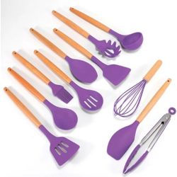 Kit 12 Pçs Utensílios Cozinha Silicone Antiaderente Madeira Cor Lilás