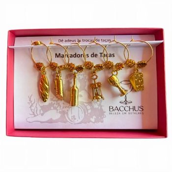 Conjunto Marcador de Taças Bacchus - Queijos e Vinho Ouro