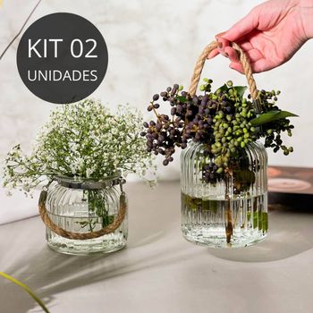 Kit 2 Vasos de Vidro Canelado com Alça Rústica
