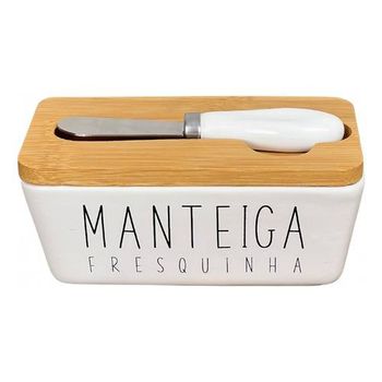 Manteigueira De Porcelana Tampa de Bambu e Espátula - Manteiga