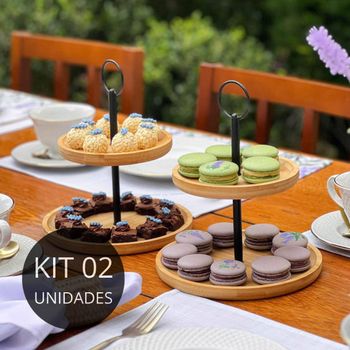 Kit 2 Suportes Para Doces 2 Andares Em Bambu E Metal - 20cm