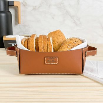 PORTA PÃES COM ALÇA CARAMELO EM COURO ECOLÓGICO