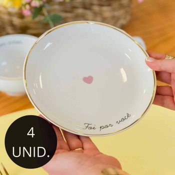 Kit 4 Pratos de Sobremesa Porcelana Filete de Ouro - Foi Por Amor