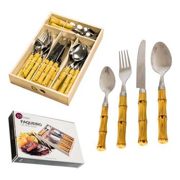 Faqueiro 24 Peças Aço Inox Prata Com Cabo  Bambu Bom Gourmet