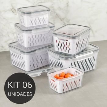 Kit 6 Potes Herméticos Com Cesto Escorredor Branco Plástico