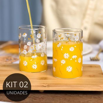 Kit 2 Copos de Vidro Borossilicato 280ML -Coleção Margaridas