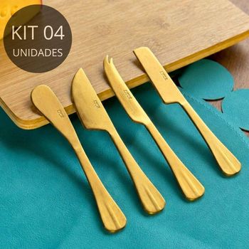 Conjunto 4 Facas para Queijo de Aço Inox Dourado Positano Premium - Lyor